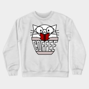 Cat in coffee cup with warped text reading book wearing glasses Crewneck Sweatshirt